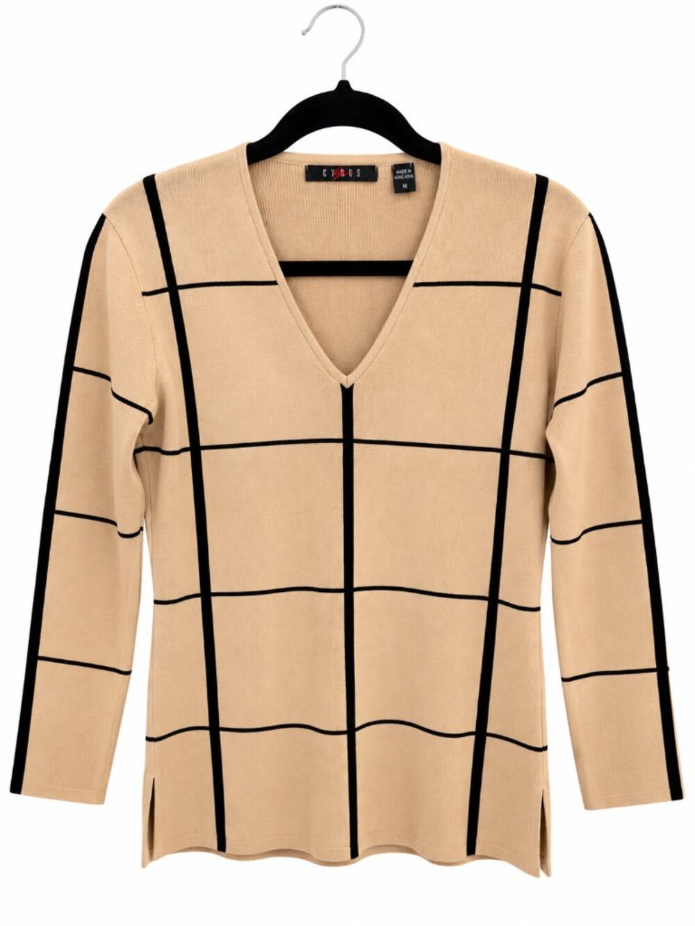 Cyrus Beige Black Windowpane V-Neck Knit Sweater Top Medium